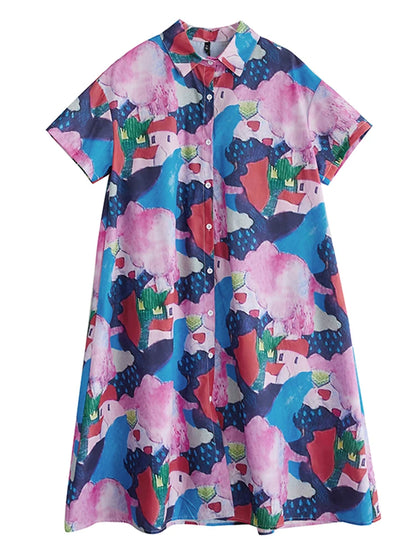 XITAO Loose Print Irregular Shirt Dress Casual A-line Single Breasted Women Summer Short Sleeve Turn-down Collar Dress ZMY1136