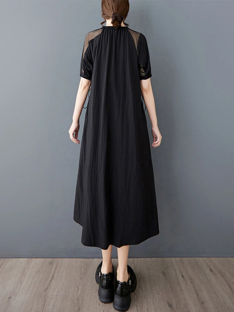 XITAO O-neck Short Sleeve Patchwork Dress Loose Simple Temperament Drawstring Women Solid Color Vintage Summer Dress ZMY1215