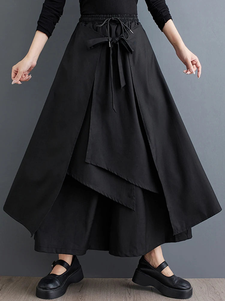 XITAO Asymmetric Wide Leg Lace-up Pant Casual Elastic Waist Fake Two Pieces New Arrival Mid Waist Spring Women Pant GYX1628