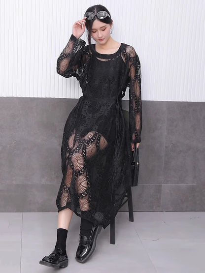 XITAO Loose Drawstring Hollow Out Dress Casual Long Sleeve Embroidery Trend Women Simple Temperament Elegant Dress HQQ2451