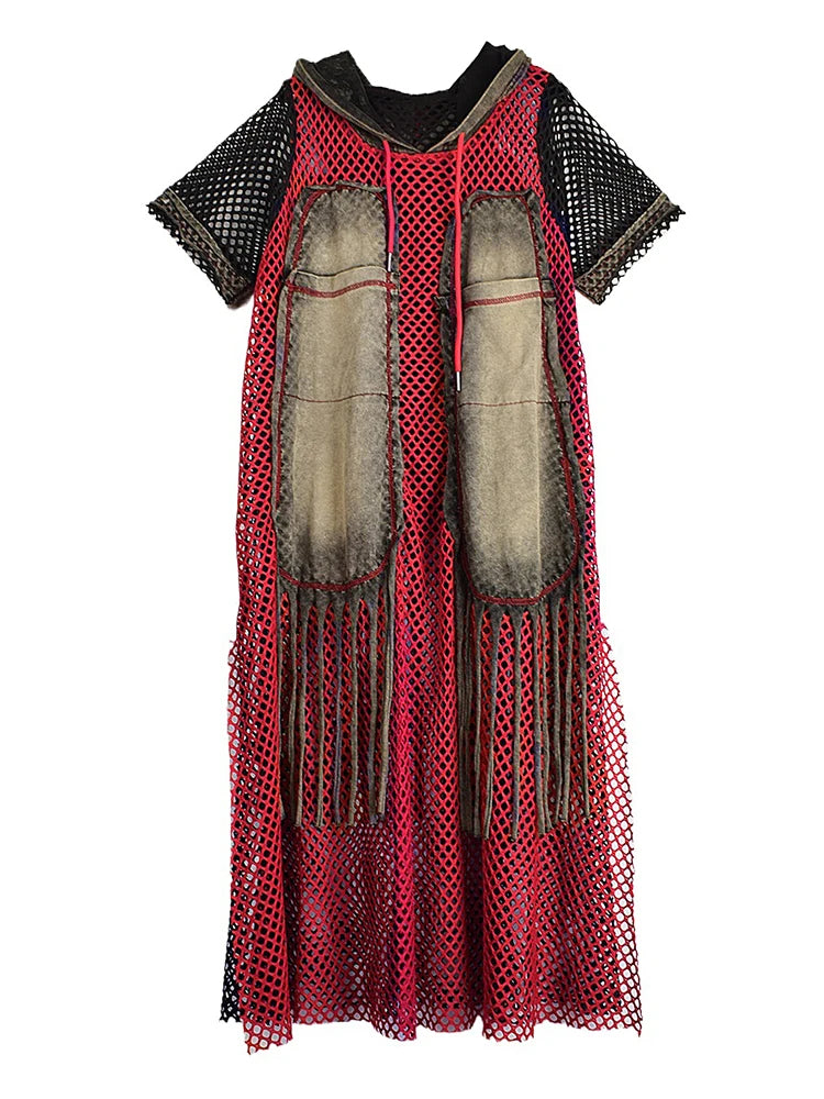 XITAO Hollow Out Patchwork Trend Dress Loose Contrast Color Short Sleeve Casual Personality Hooded Summer Woman Dress HQQ2510
