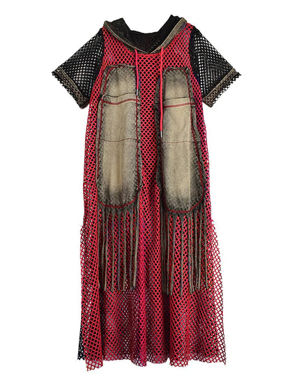 XITAO Hollow Out Patchwork Trend Dress Loose Contrast Color Short Sleeve Casual Personality Hooded Summer Woman Dress HQQ2510