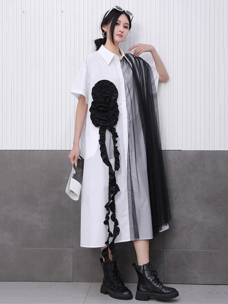 XITAO Three-dimensional Decoration Patchwork Women Dress Gauze Split Contrast Color Turn-down Collar Slimming Dress GYX1645
