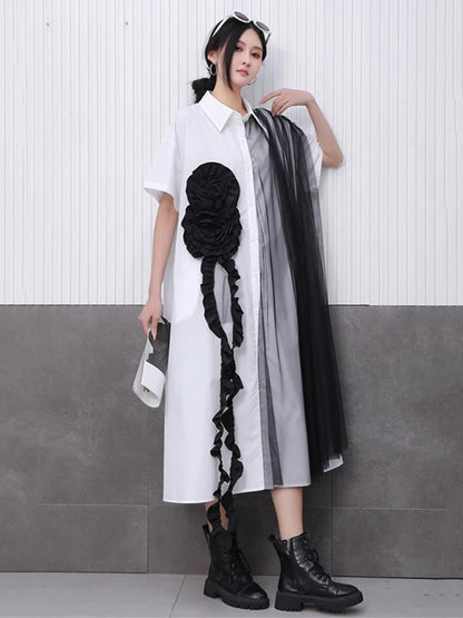 XITAO Three-dimensional Decoration Patchwork Women Dress Gauze Split Contrast Color Turn-down Collar Slimming Dress GYX1645