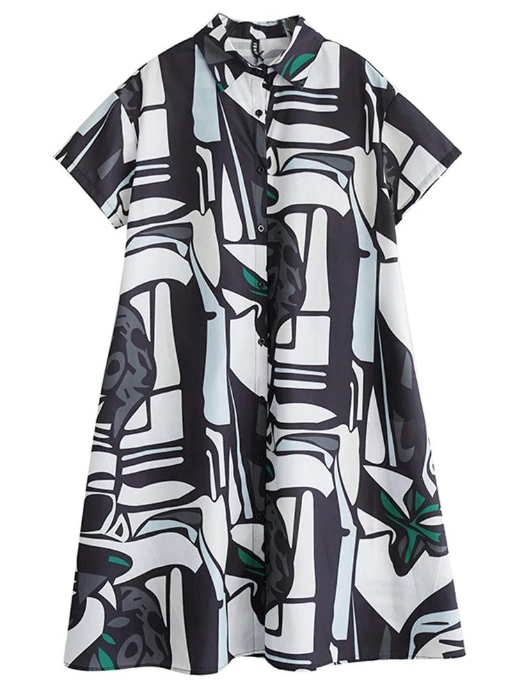 XITAO Print Pocket Patchwork Dress Single Breasted Short Sleeve Turn-down Collar Loose Casual Slim Summer Shirt Dress ZMY1137