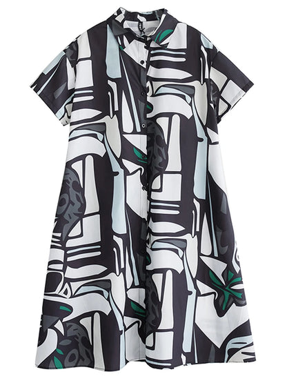 XITAO Print Pocket Patchwork Dress Single Breasted Short Sleeve Turn-down Collar Loose Casual Slim Summer Shirt Dress ZMY1137
