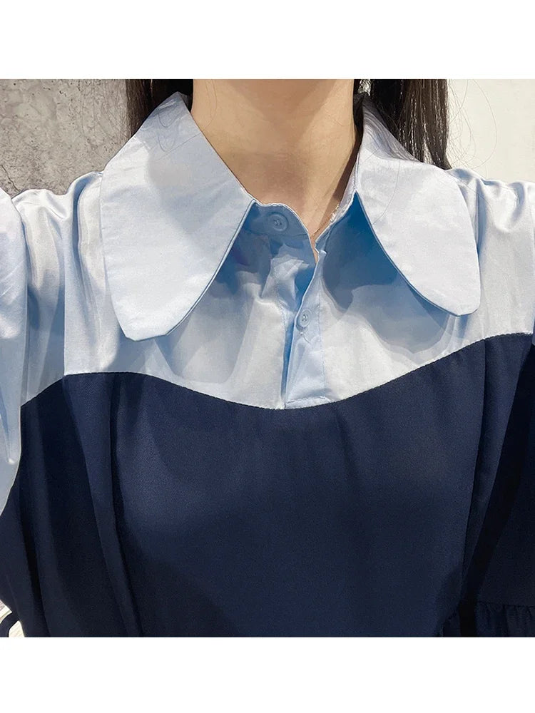 XITAO Folds Two Pieces Dress Contrast Color Patchwork Long Sleeve Striped Breasted Shirt Dress Loose Fashion Summer New WLD16269