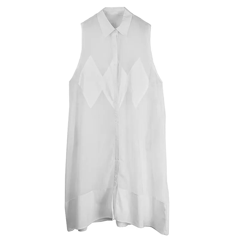 XITAO Rhombus Gauze Patchwork Sleeveless Dress Solid Color Turn-down Collar Single Breasted Loose Perspective Dress ZY8941