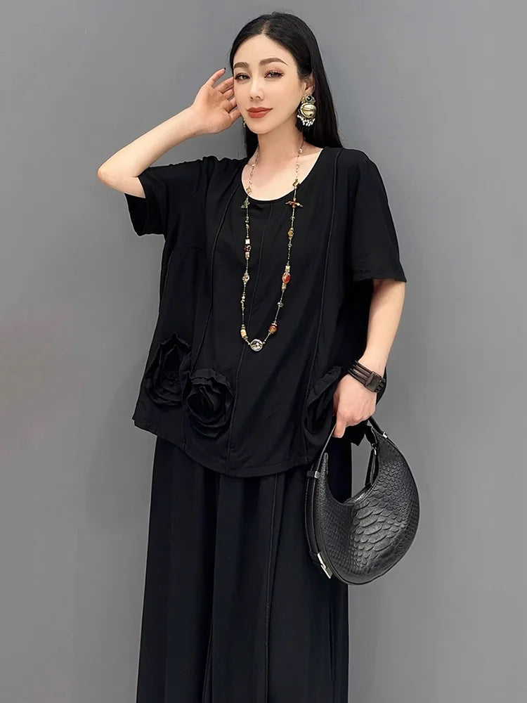 XITAO Casual Three-dimensional Flower Set Personality All-match Top Women Summer Loose Elastic Waist Big Hem Skirt ZMY1140