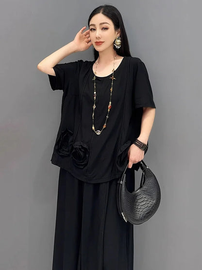 XITAO Casual Three-dimensional Flower Set Personality All-match Top Women Summer Loose Elastic Waist Big Hem Skirt ZMY1140