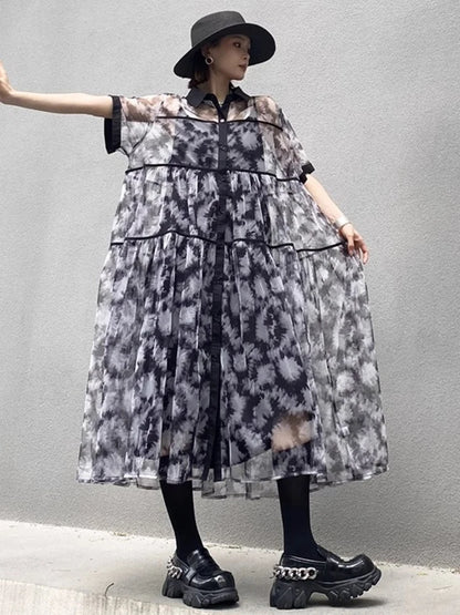 XITAO Mesh Patchwork Print Shirt Dress Loose Single Breasted Women Trend All-match Casual Summer Short Sleeve Dress ZMY1248