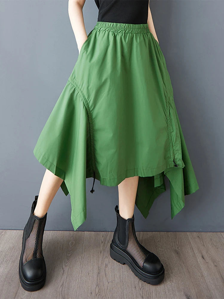XITAO Irregular Pleated Drawstring Skirt Casual Elastic Waist Solid Color Personality A-line Korea Summer Women Skirt GYX1560