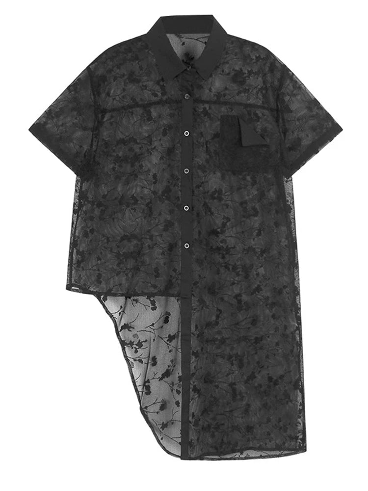 XITAO Asymmetrical Perspective Dress Single Breasted Turn-down Collar Solid Color Short Sleeve Casual Match Shirt Dress ZMY1374