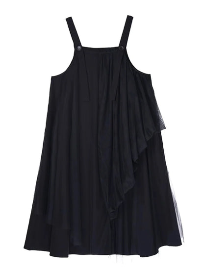 XITAO Gauze Patchwork Asymmetrical Dress Square Collar Solid Color Loose Slimming Sleeve Spaghetti Strap Casual Dress ZMY1306