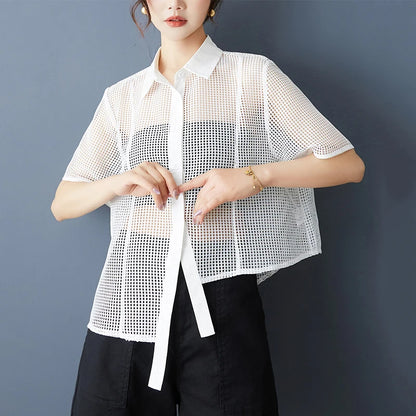 XITAO Hollow Out Irregular Women Blouse Short Sleeve Casual Loose Turn-down Collar Solid Color Summer Female Shirts ZMY1222