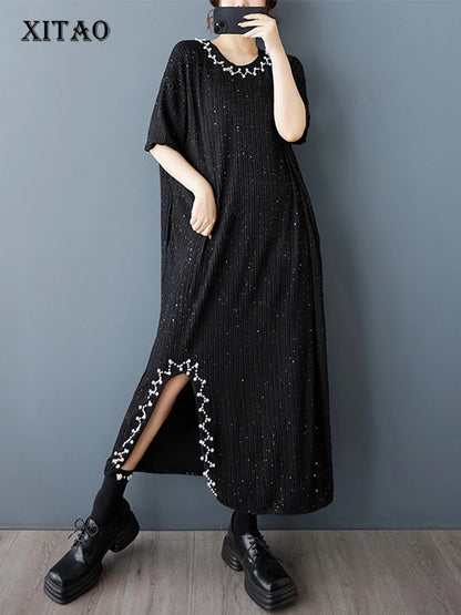 XITAO Vintage Asymmetric O-neck Dress Fashion Bead Patchwork Women Summer Solid Color Slimming Temperament Dress HQQ2481