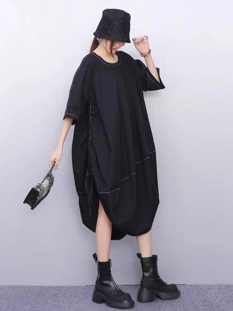 XITAO Asymmetrical O-neck Pullover Dress Solid Color Half Sleeve Patchwork Loose Slimming Casual All Match Women Dress ZMY1391