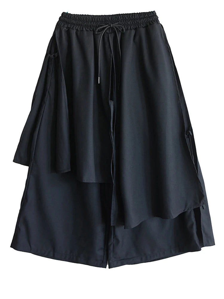 XITAO Asymmetric Drawstring Elastic Waist Pant Casual Solid Color Loose Fitting Fashion Fake Two Pieces Women Pant ZMY1045