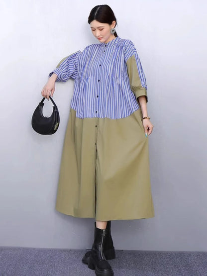 XITAO Loose Stripe Patchwork Female Dress Casual A-line Stand Collar Women Summer Temperament Single Breasted Dress ZMY1390