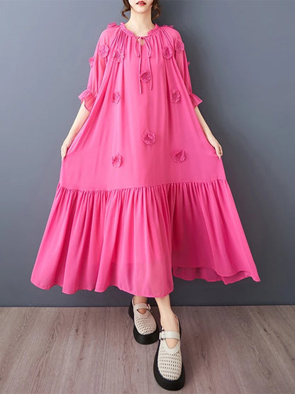 XITAO Three-dimensional Decoration Flower Dress O-neck Bandage Patchwork Solid Color Temperament Slim All Match Dress ZMY1356
