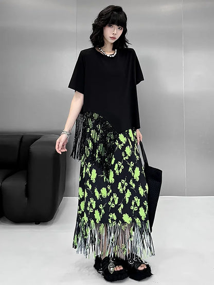 XITAO Tassel Patchwork Asymmetrical T-Shirts Solid Color O-neck Short Sleeve Pullover Fashion All Match Temperament Top ZMY1177