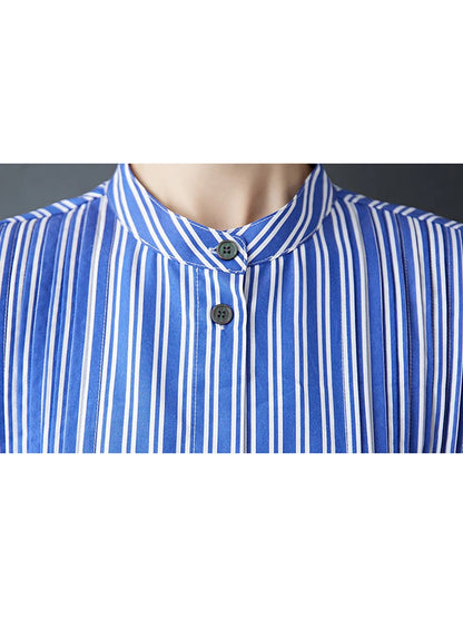 XITAO Contrast Color Striped Casual Dress Patchwork Single Breasted Stand Collar Vintage Side Slit Summer Woman Dress ZMY1365