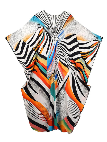 XITAO Batwing Sleeve Print Striped Dress Ankle-length Pullover V-neck Side Slit Slimming Summer Woman Loose Fashion Dress GJ1185
