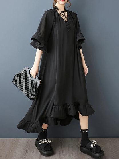 XITAO Drawstring Irregular Loose Dress V-neck Butterfly Sleeves Personality Slimming Solid Color Summer Woman Dress ZMY1387