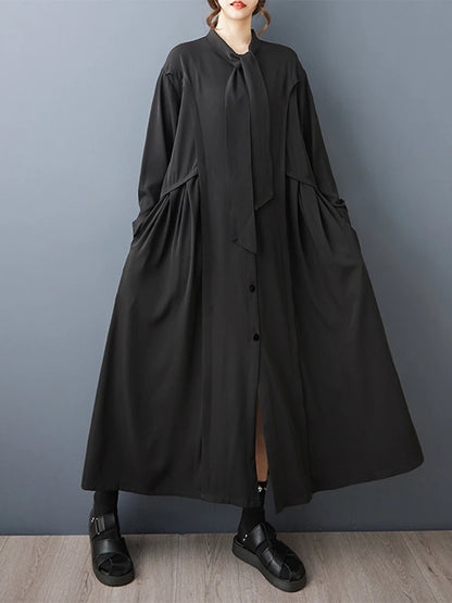 XITAO Drawstring Full Sleeve Vintage Dress Solid Color Single Breasted Loose Pocket Casual All-match Simple Woman Dress ZMY1407