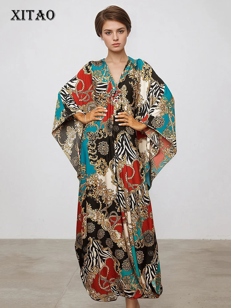 XITAO Bat Wing Sleeve V-neck Loose Dress Side Slit Vintage Print Pullover Temperament Summer Woman Ankle-length Dress GJ1188