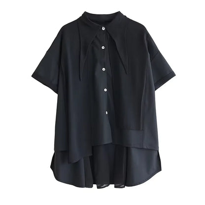 XITAO Asymmetrical Female Shirt Casual Loose Fitting Turn-down Collar Short Sleeve Solid Color Summer Women Blouse ZMY1202