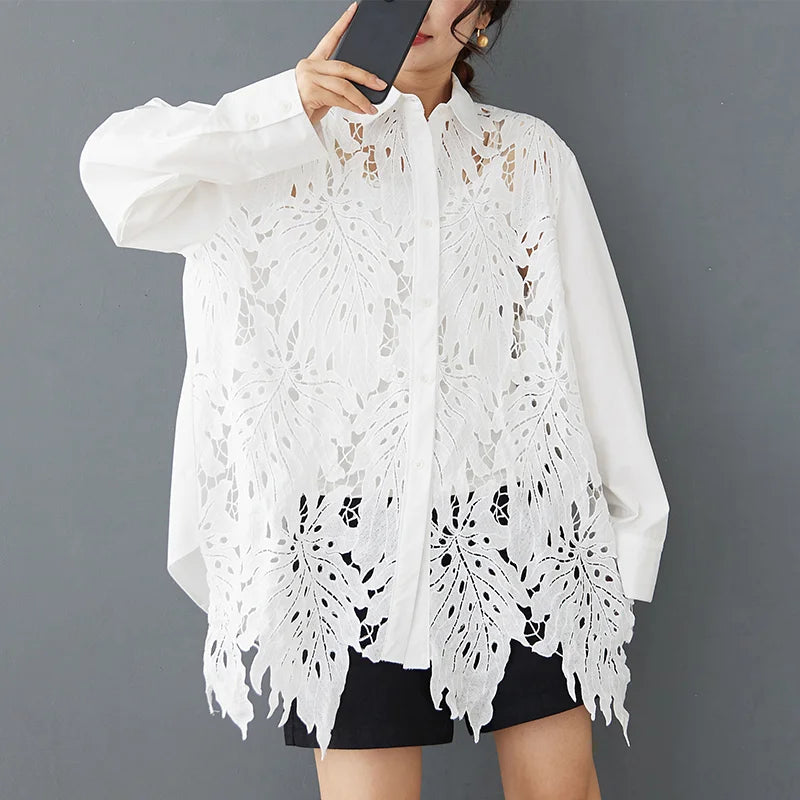 XITAO Hollow Out Lace Patchwork Women Shirt Single Breasted Turn-down Collar Solid Color Long Sleeve Loose All Match Top ZY8934