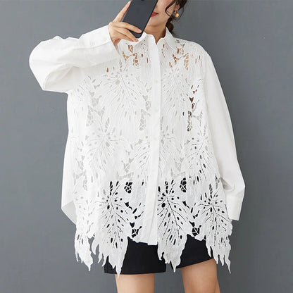 XITAO Hollow Out Lace Patchwork Women Shirt Single Breasted Turn-down Collar Solid Color Long Sleeve Loose All Match Top ZY8934