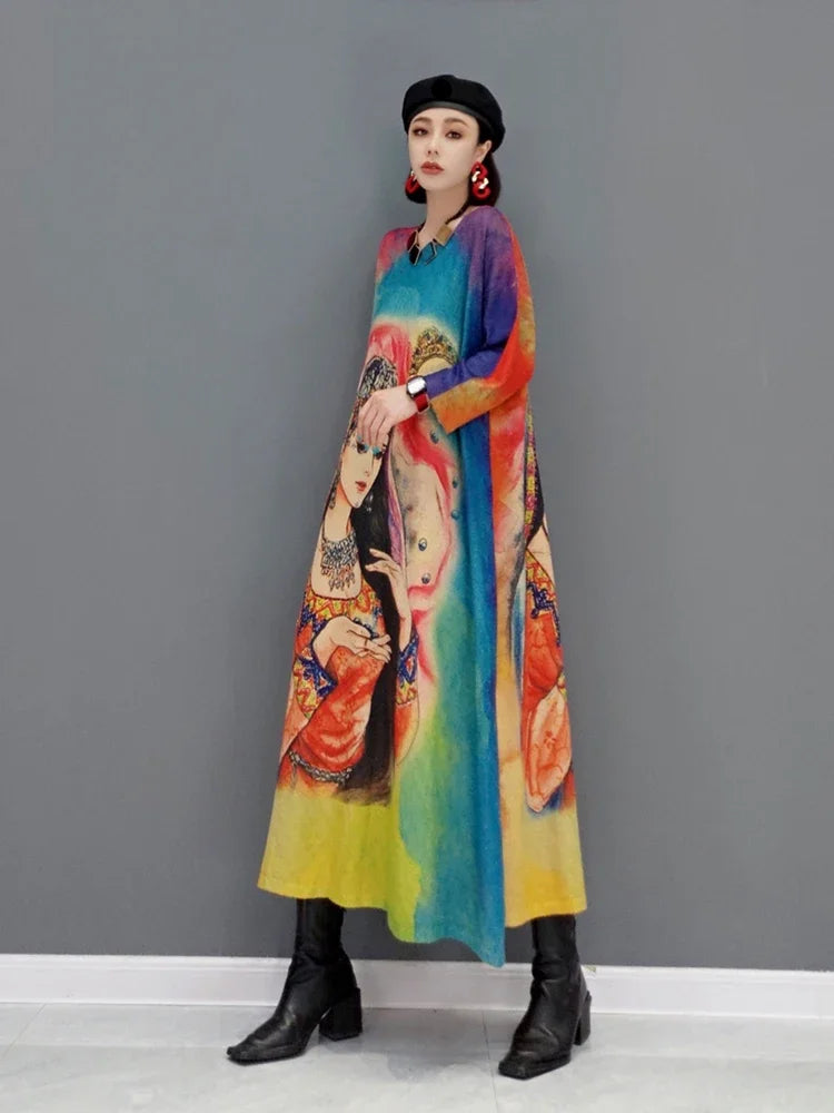 XITAO Trendy Knitting Large Sizer Dress Fashion Contrast Color Pattern Spring Autumn New Long Sleeve Temperament Women WMD2286