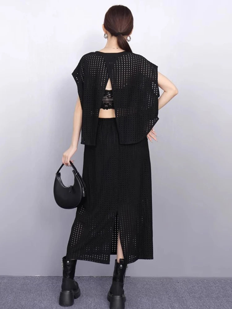XITAO Irregular Sleeveless Loose Set Solid Color Casual Hollow Out O-neck Temperament Simple Summer Woman Two-piece Sets ZMY1292