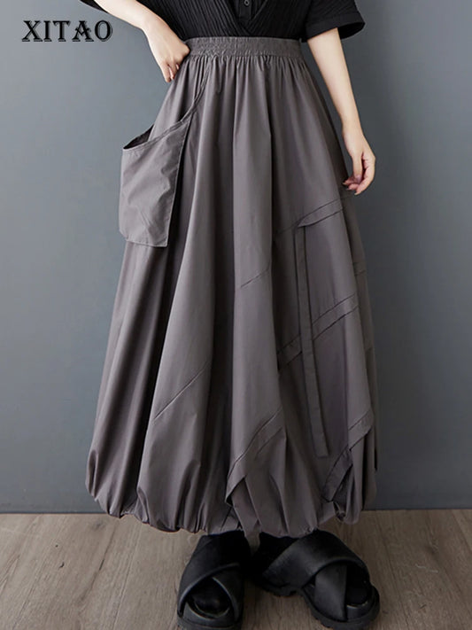 XITAO Bud Pocket Elastic Waist Skirt A-line Casual Loose Fit Solid Color Pleated Fashion Patchwork Summer Women Skirt HQQ2470