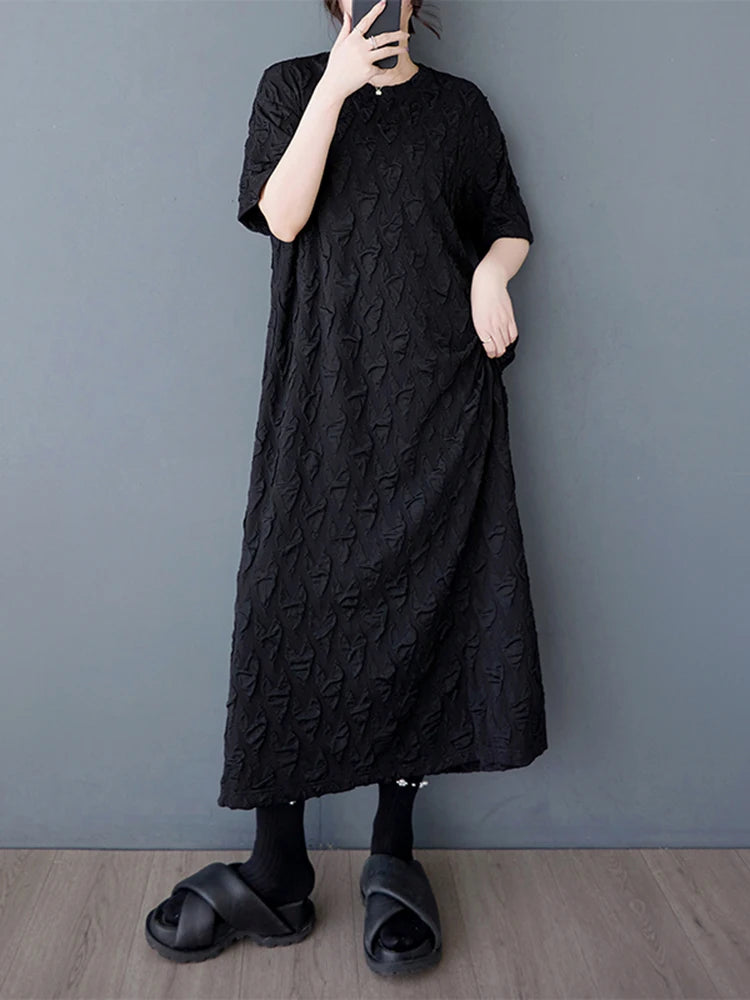 XITAO Jacquard O-neck A-line Dress Casual Solid Color Loose Fitting Literary Style Simple Texture Sensation Women Dress GYX1631