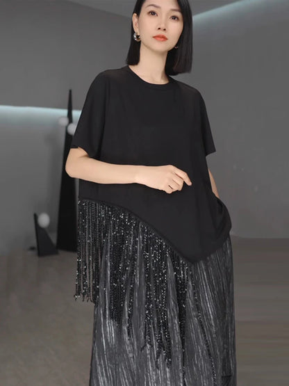 XITAO Casual Asymmetric T-shirt Personality Tassel Patchwork Women Loose O-neck Short Sleeve Slimming All-match Top ZMY1160