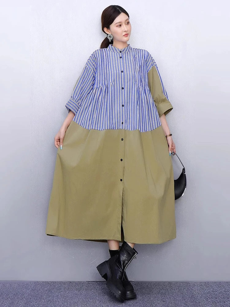 XITAO Loose Stripe Patchwork Female Dress Casual A-line Stand Collar Women Summer Temperament Single Breasted Dress ZMY1390