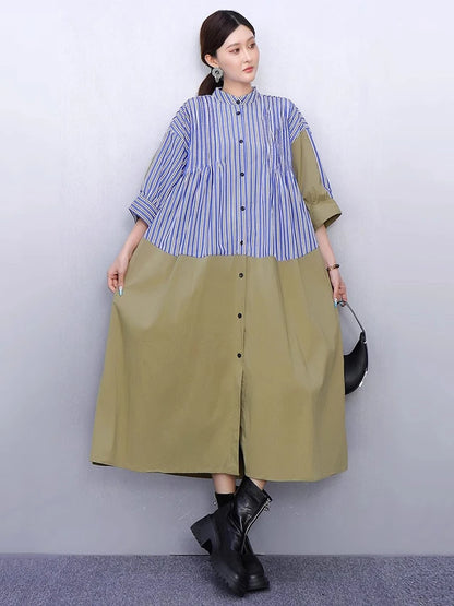 XITAO Loose Stripe Patchwork Female Dress Casual A-line Stand Collar Women Summer Temperament Single Breasted Dress ZMY1390