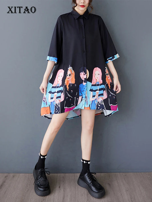 XITAO Print Single Breasted Loose Female Dress Half Sleeve Turn-down Collar Casual Cartoon Summer Women Irregular Dress ZMY1218