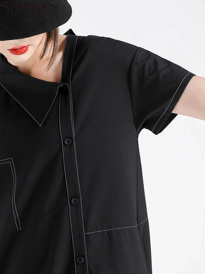 XITAO Asymmetrical Patchwork Pocket Dress Single Breasted Solid Color Short Sleeve Vintage Casual Match Slimming Dress ZMY1339