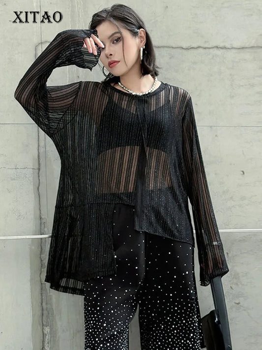 XITAO Asymmetrical Perspective T-Shirts Loose Solid Color O-neck Full Sleeve Temperament Slimming Summer Woman T-Shirts  ZMY1325