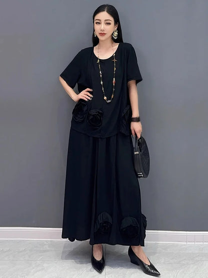 XITAO Casual Three-dimensional Flower Set Personality All-match Top Women Summer Loose Elastic Waist Big Hem Skirt ZMY1140