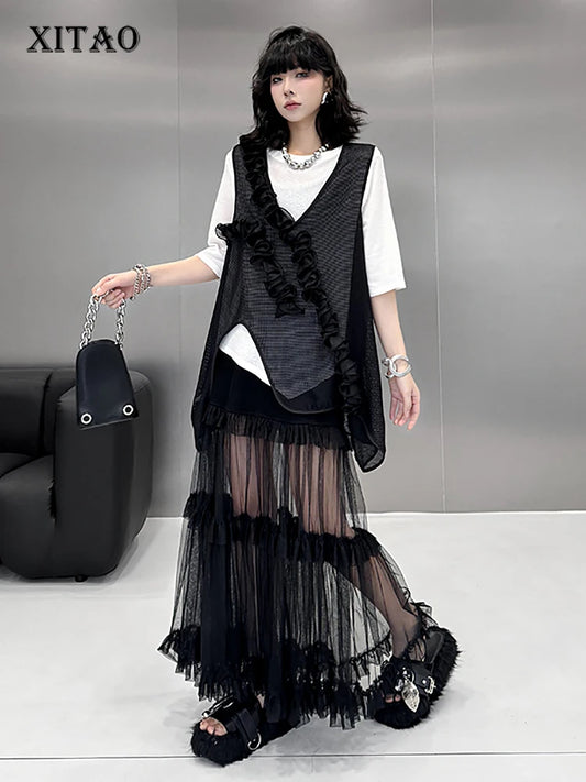 XITAO Three-dimensional Decoration Patchwork Vest Solid Color Asymmetrical V-neck Loose Pullover Temperament Top ZMY1179
