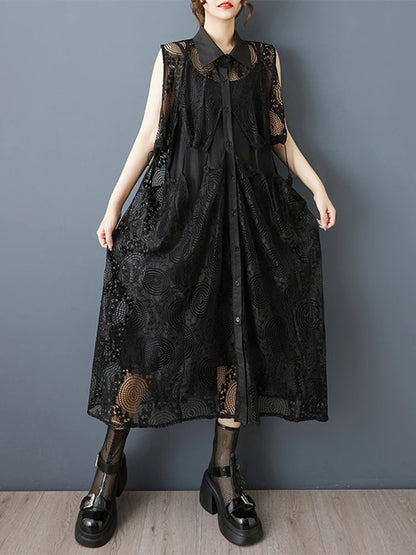 XITAO Patchwork Pocket Hollow Out Mesh Dress Casual Loose Fitting A-line Sleeveless Sweet New Arrival Summer Women Dress GYX1648