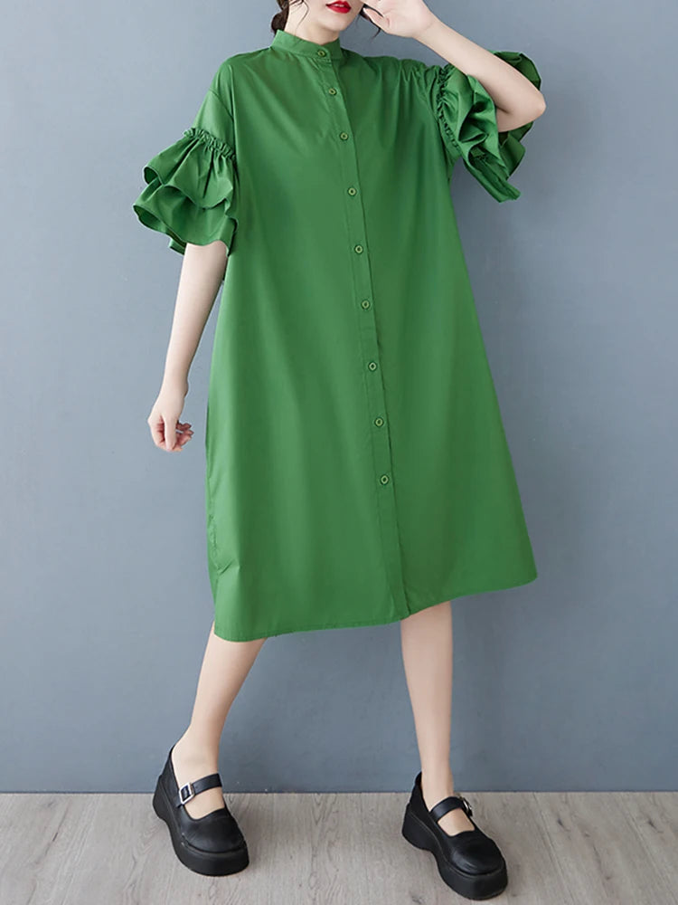 XITAO Ruffles Sleeve Single Breasted Dress New A-line Mid-calf Stand Collar O-neck Solid Color Summer Female Dress GMM1328