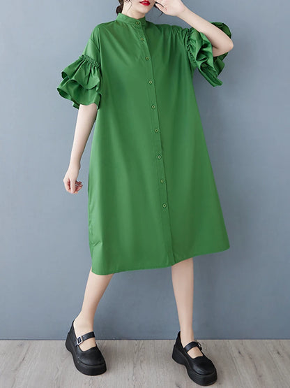 XITAO Ruffles Sleeve Single Breasted Dress New A-line Mid-calf Stand Collar O-neck Solid Color Summer Female Dress GMM1328