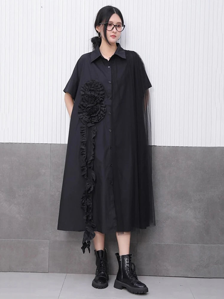 XITAO Three-dimensional Decoration Patchwork Women Dress Gauze Split Contrast Color Turn-down Collar Slimming Dress GYX1645