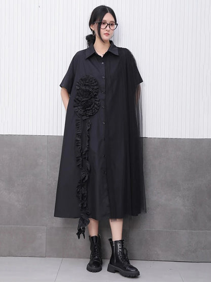 XITAO Three-dimensional Decoration Patchwork Women Dress Gauze Split Contrast Color Turn-down Collar Slimming Dress GYX1645